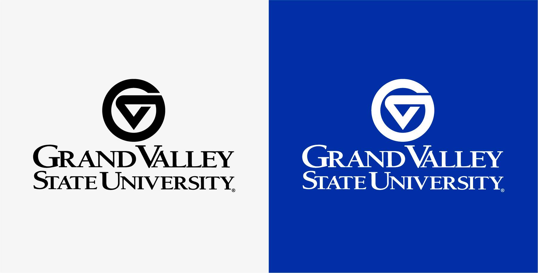 A black Grand Valley logo against a light grey background, and a white Grand Valley logo against a dark blue background.